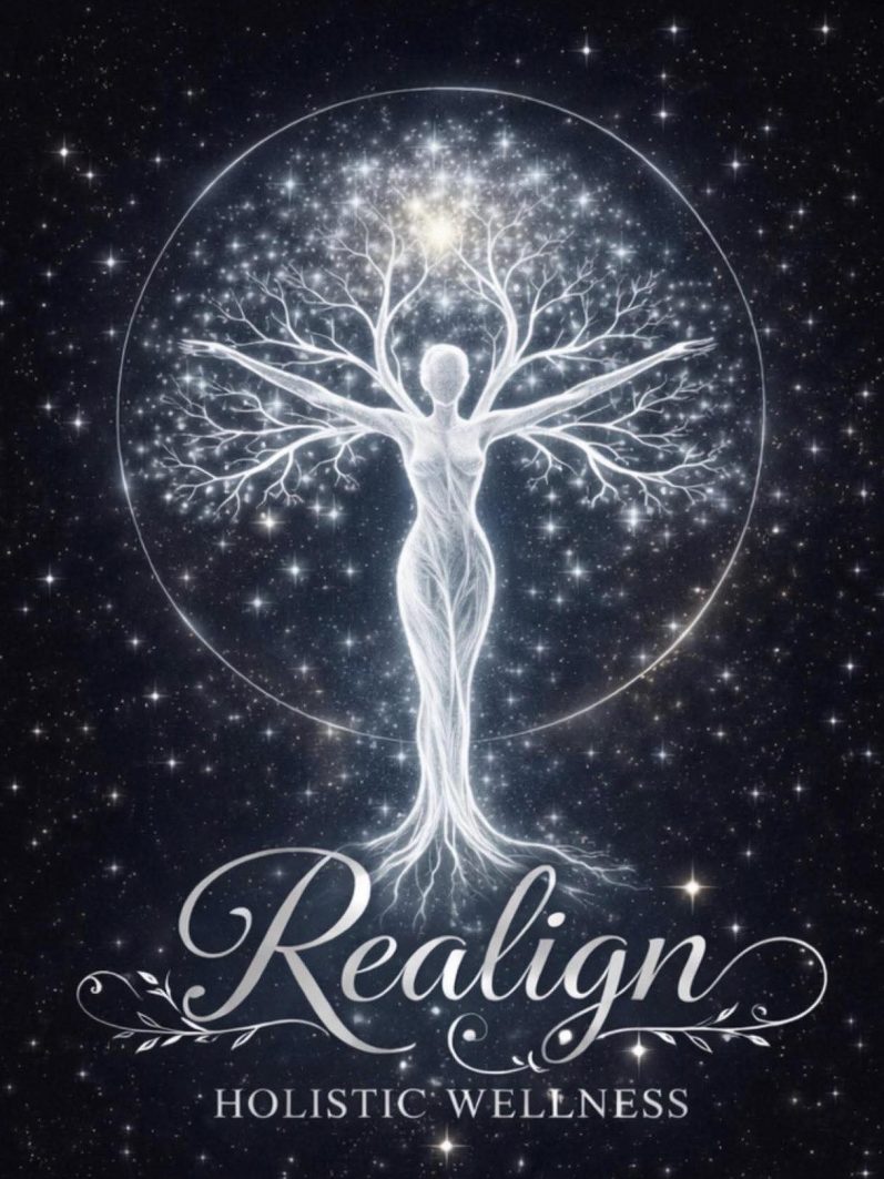 Realign Holistic Wellness logo of a glowing white tree shaped like a woman. The leaves turn into stars and fade into the starry background.